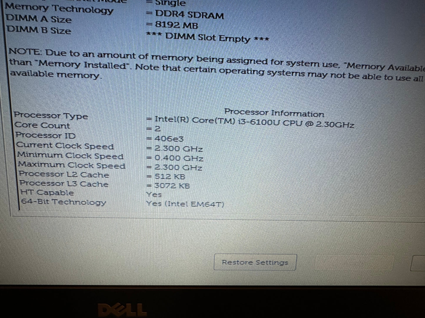 Dell E5570 Laptop Core i3 2.3Ghz 8GB RAM and 450GB SSD with Windows 10 Pro