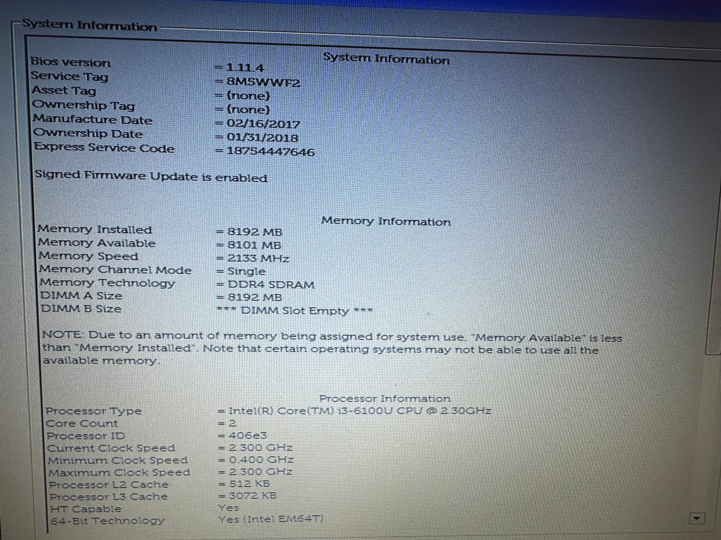 Dell E5570 Laptop Core i3 2.3Ghz 8GB RAM and 450GB SSD with Windows 10 Pro